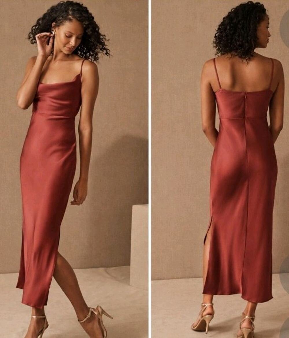 BHLDN EVENING SATIN DRESS 4 CALI SEDONA DRAPE NECK NEW DAMAGED